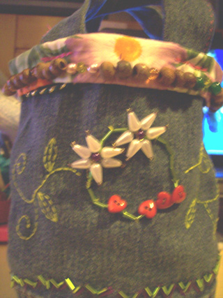 Denim floral embroided bucket bag